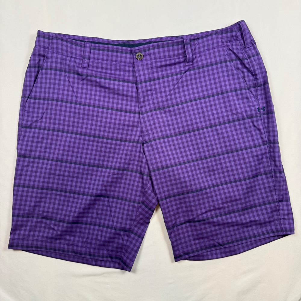 Under Armour Mens Golf Shorts 42 Purple Gingham Plaid Striped Performance Active